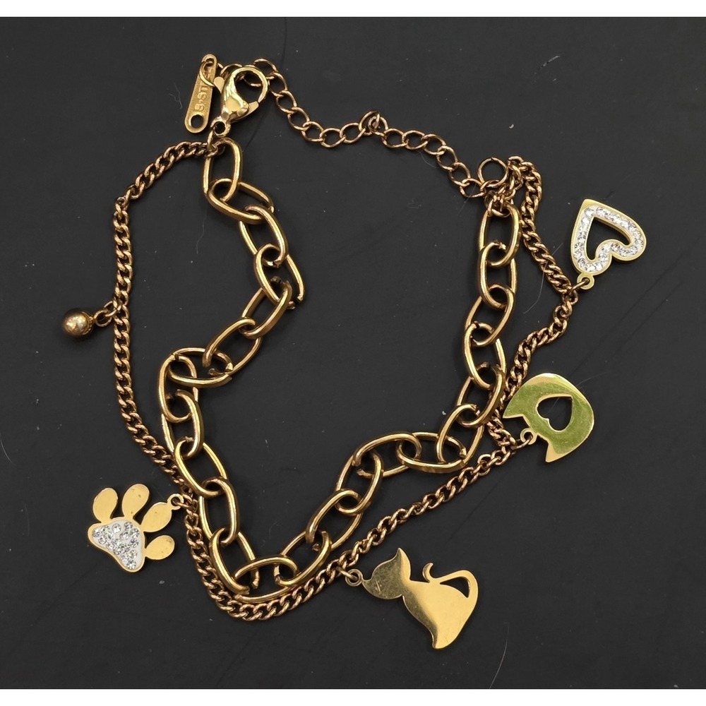 Cat Print Dbl Strand Gold Plated Stainless Steel Bracelet Size 7" & 2" Extender